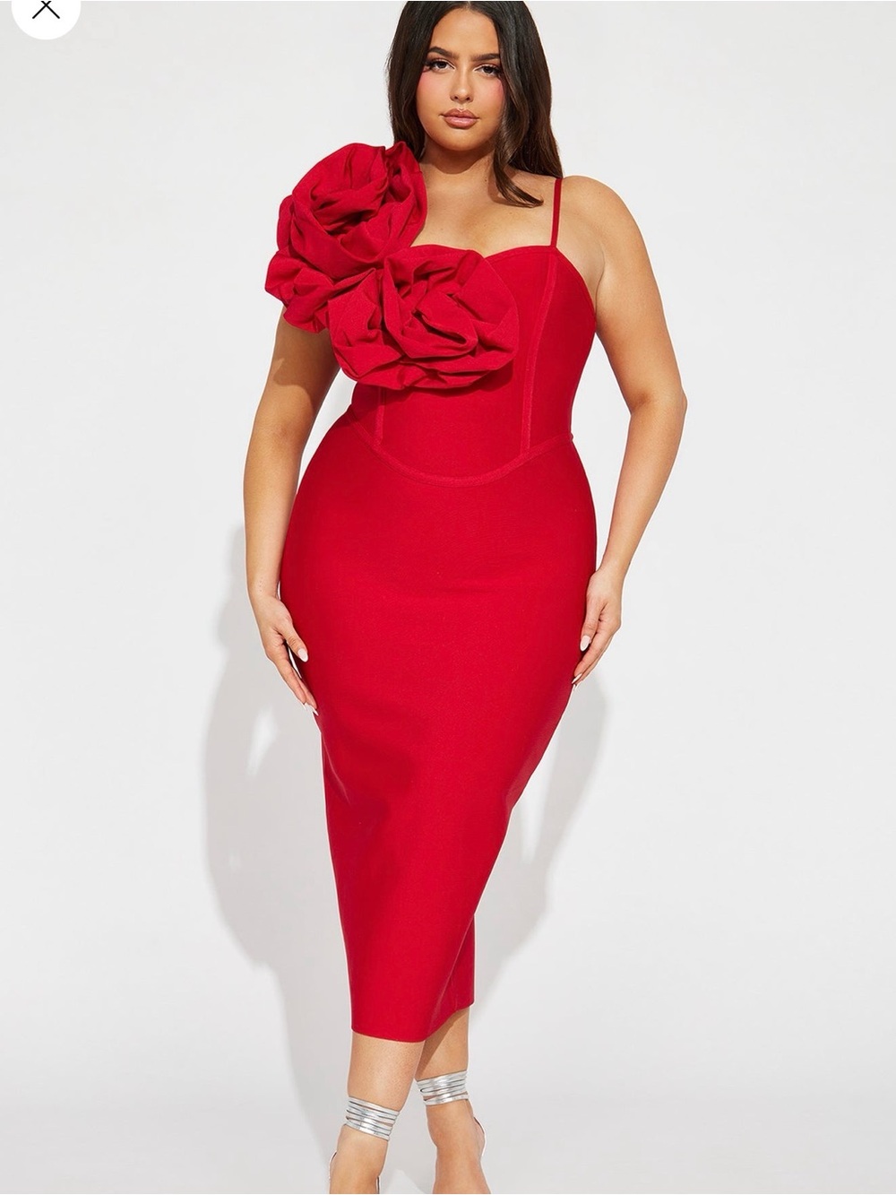 Fashion Nova Red One-Shoulder Floral Rosette Midi Dress